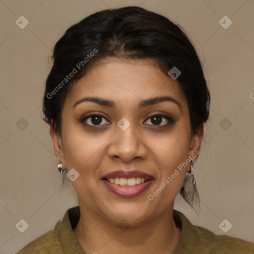 Joyful latino young-adult female with short  brown hair and brown eyes