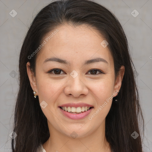 Joyful white young-adult female with long  brown hair and brown eyes