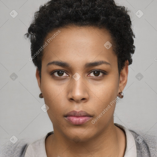 Neutral black young-adult female with short  black hair and brown eyes