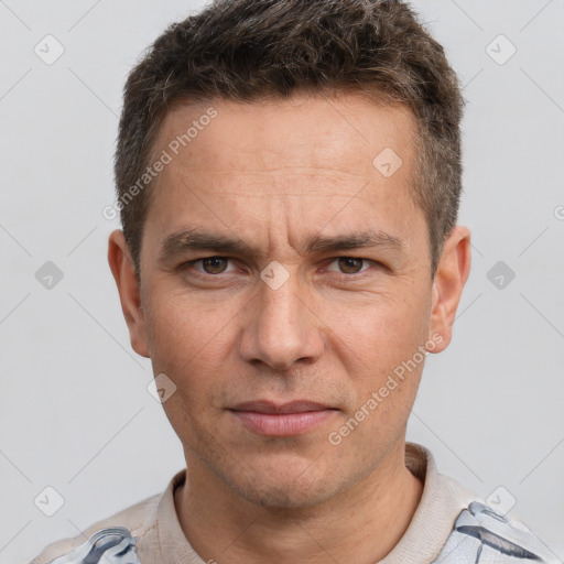 Neutral white adult male with short  brown hair and brown eyes