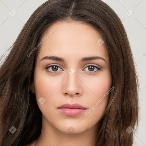 Neutral white young-adult female with long  brown hair and brown eyes