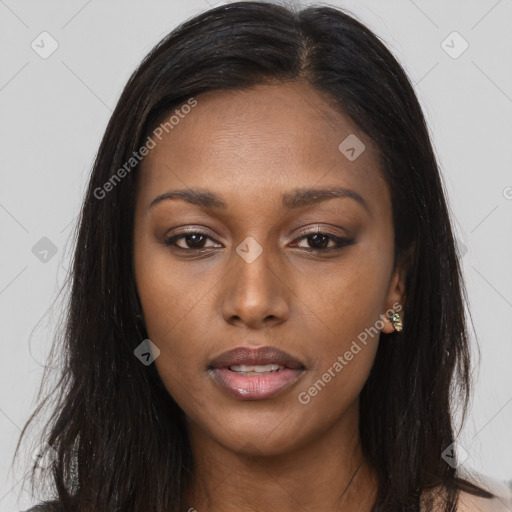 Joyful asian young-adult female with long  brown hair and brown eyes