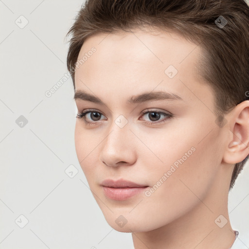 Neutral white young-adult female with short  brown hair and brown eyes