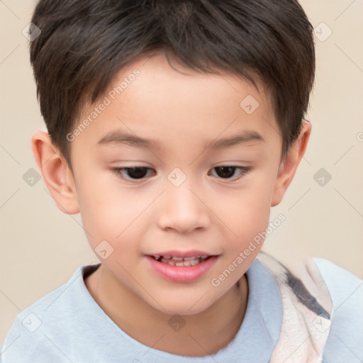 Joyful white child male with short  brown hair and brown eyes