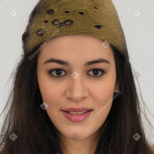 Joyful asian young-adult female with long  brown hair and brown eyes