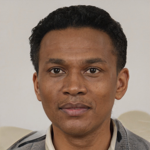 Neutral latino adult male with short  black hair and brown eyes