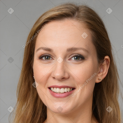 Joyful white young-adult female with long  brown hair and grey eyes