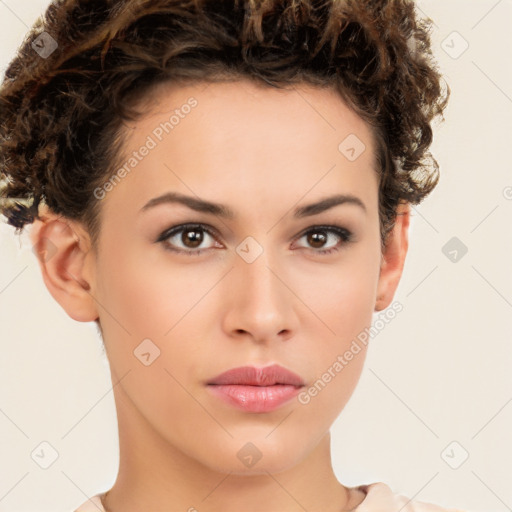 Neutral white young-adult female with short  brown hair and brown eyes