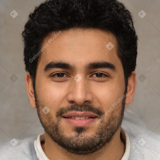 Neutral white young-adult male with short  black hair and brown eyes