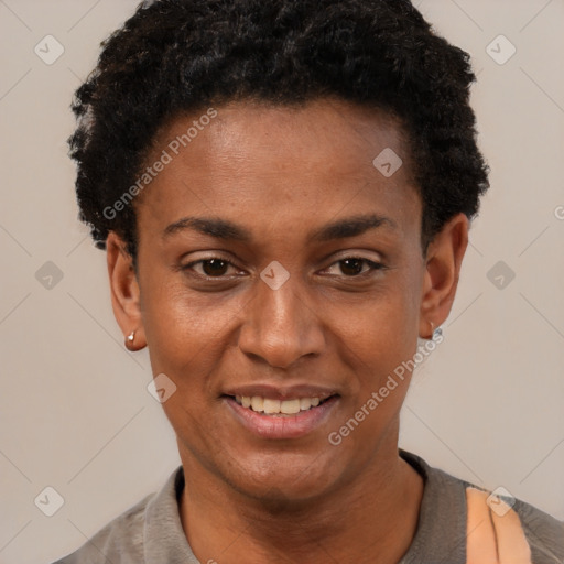 Joyful black young-adult female with short  brown hair and brown eyes