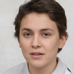 Neutral white young-adult female with short  brown hair and brown eyes