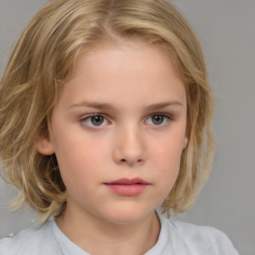 Neutral white child female with medium  brown hair and blue eyes