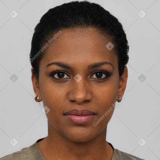 Joyful black young-adult female with short  black hair and brown eyes