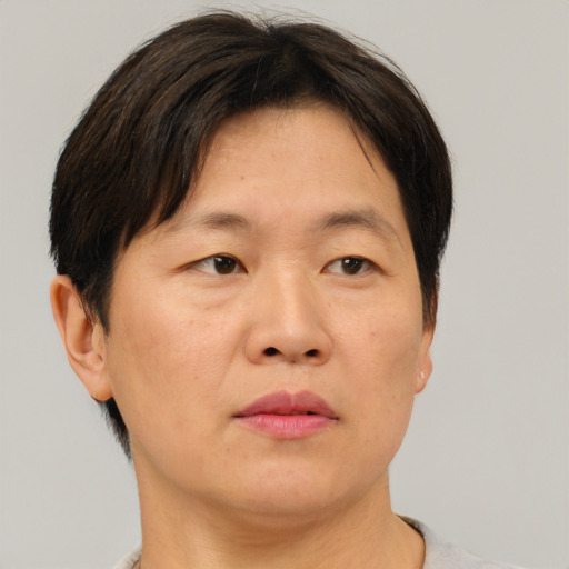 Neutral asian adult female with short  brown hair and brown eyes