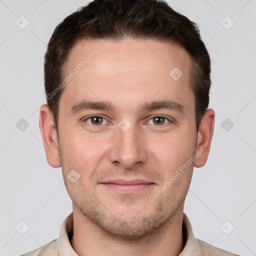 Joyful white young-adult male with short  brown hair and brown eyes