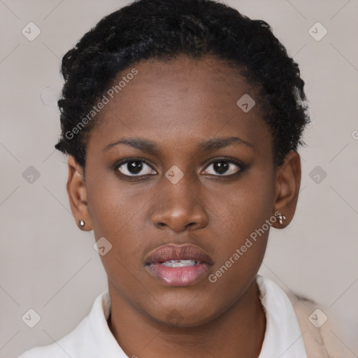 Neutral black young-adult female with short  black hair and brown eyes