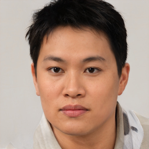 Neutral asian young-adult male with short  brown hair and brown eyes