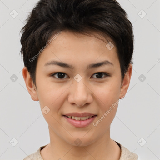 Joyful asian young-adult female with short  brown hair and brown eyes