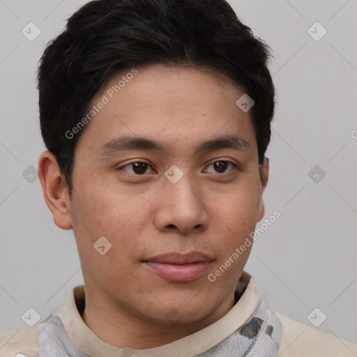 Neutral asian young-adult male with short  brown hair and brown eyes