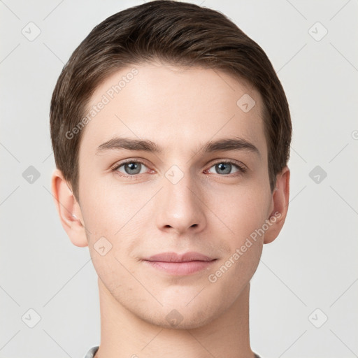 Neutral white young-adult male with short  brown hair and grey eyes