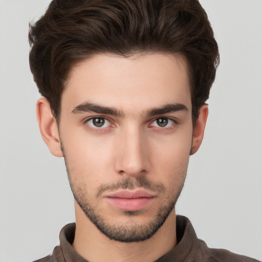 Neutral white young-adult male with short  brown hair and brown eyes