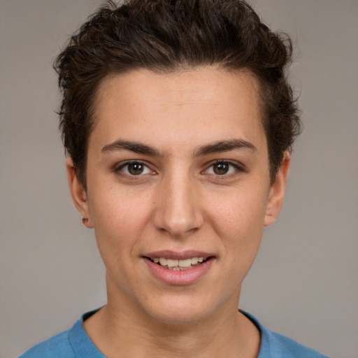 Joyful white young-adult female with short  brown hair and brown eyes