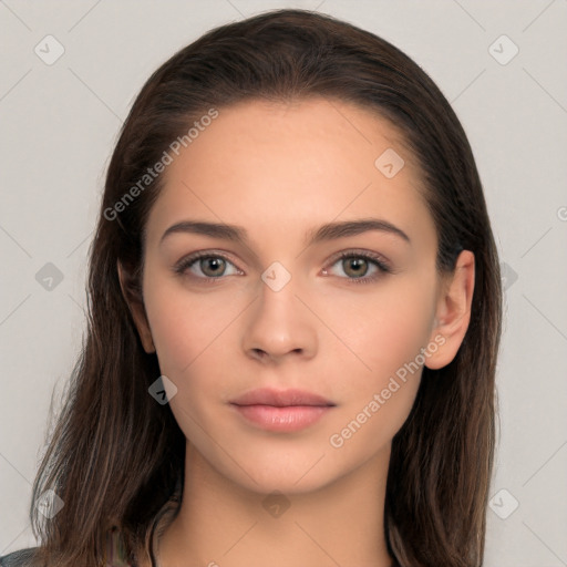 Neutral white young-adult female with long  brown hair and brown eyes