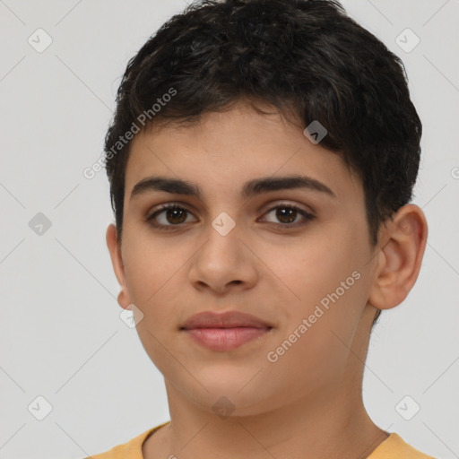 Joyful latino young-adult female with short  brown hair and brown eyes