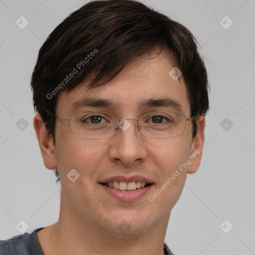 Joyful white adult male with short  brown hair and grey eyes