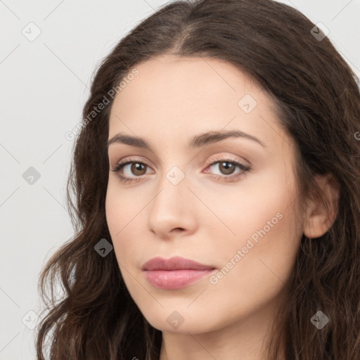 Neutral white young-adult female with long  brown hair and brown eyes