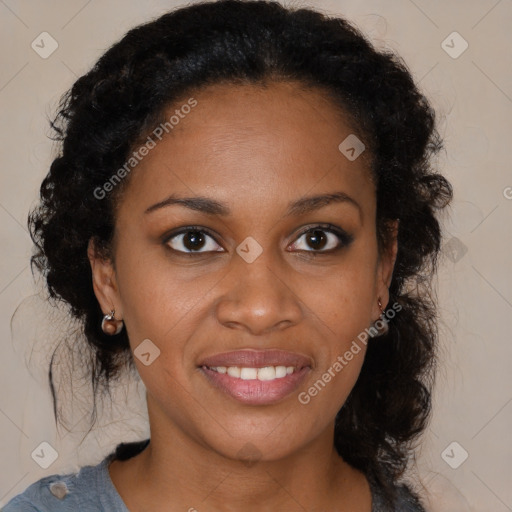 Joyful black young-adult female with medium  brown hair and brown eyes