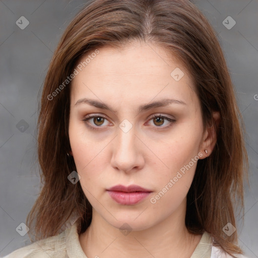 Neutral white young-adult female with medium  brown hair and brown eyes