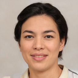 Joyful white young-adult female with medium  brown hair and brown eyes