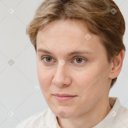 Joyful white young-adult female with short  brown hair and brown eyes