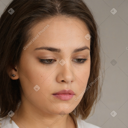 Neutral white young-adult female with medium  brown hair and brown eyes