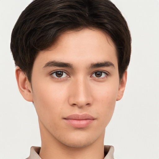 Neutral white young-adult male with short  brown hair and brown eyes