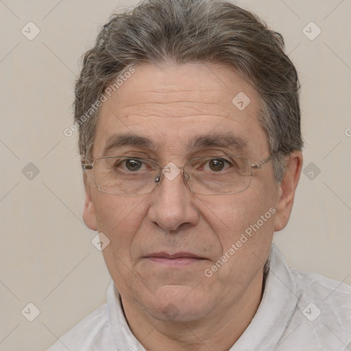 Joyful white middle-aged male with short  brown hair and brown eyes