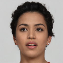 Neutral asian young-adult female with short  brown hair and brown eyes