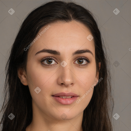 Neutral white young-adult female with long  brown hair and brown eyes