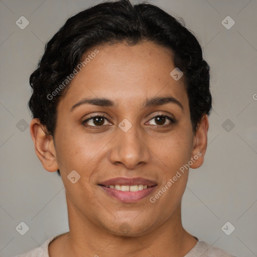 Joyful latino young-adult female with short  brown hair and brown eyes