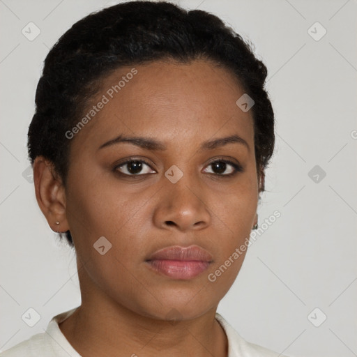 Neutral black young-adult female with short  black hair and brown eyes