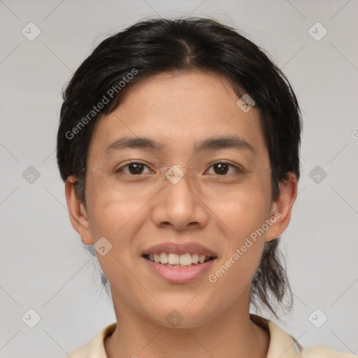 Joyful white young-adult female with medium  brown hair and brown eyes