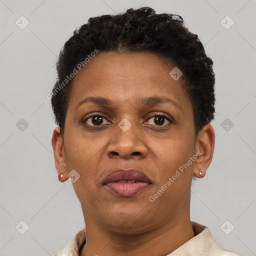 Joyful black adult female with short  brown hair and brown eyes