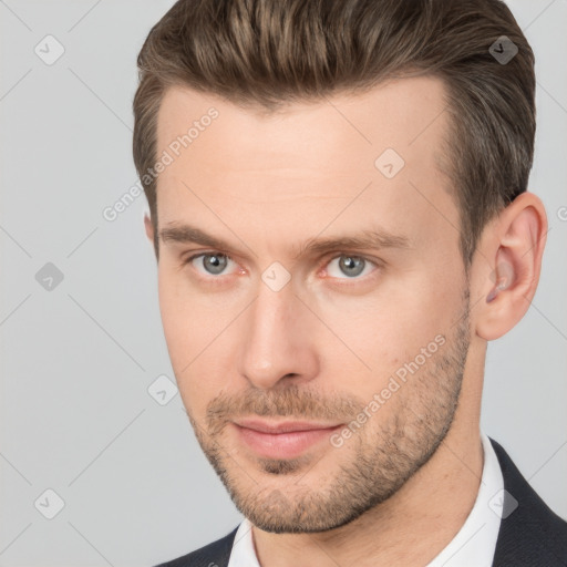 Neutral white adult male with short  brown hair and brown eyes