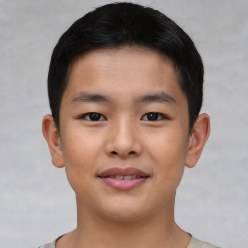 Joyful asian child male with short  brown hair and brown eyes