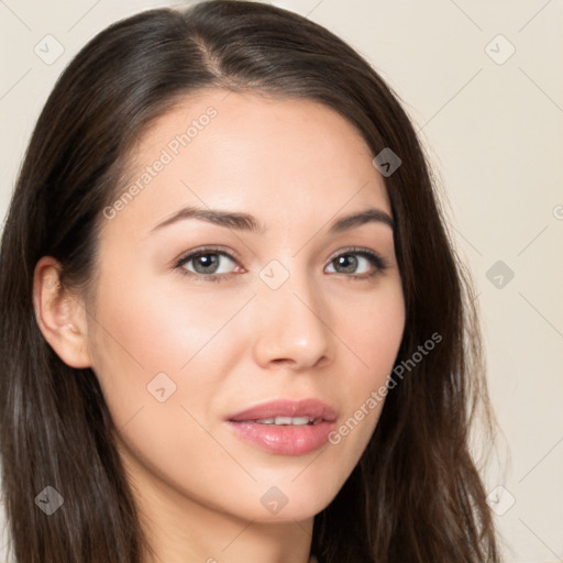 Neutral white young-adult female with long  brown hair and brown eyes