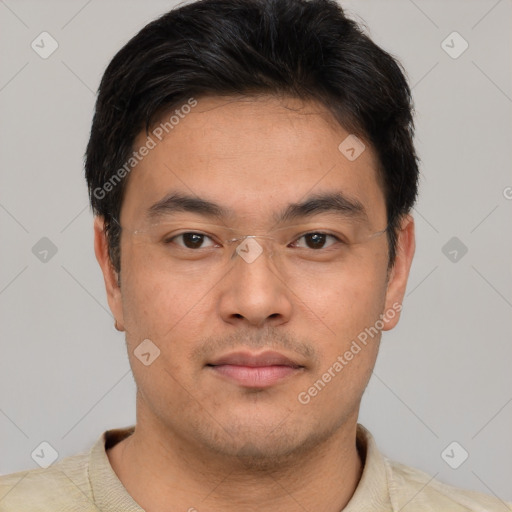 Neutral asian young-adult male with short  brown hair and brown eyes