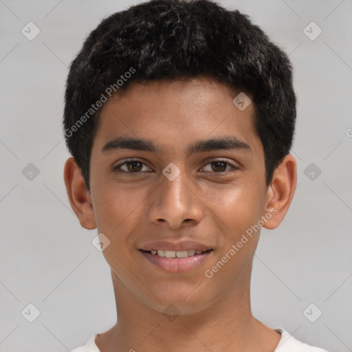 Joyful latino young-adult male with short  black hair and brown eyes