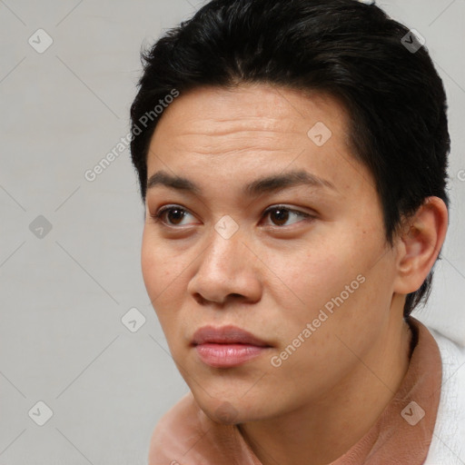 Joyful white young-adult female with short  black hair and brown eyes
