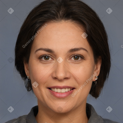 Joyful white adult female with medium  brown hair and brown eyes